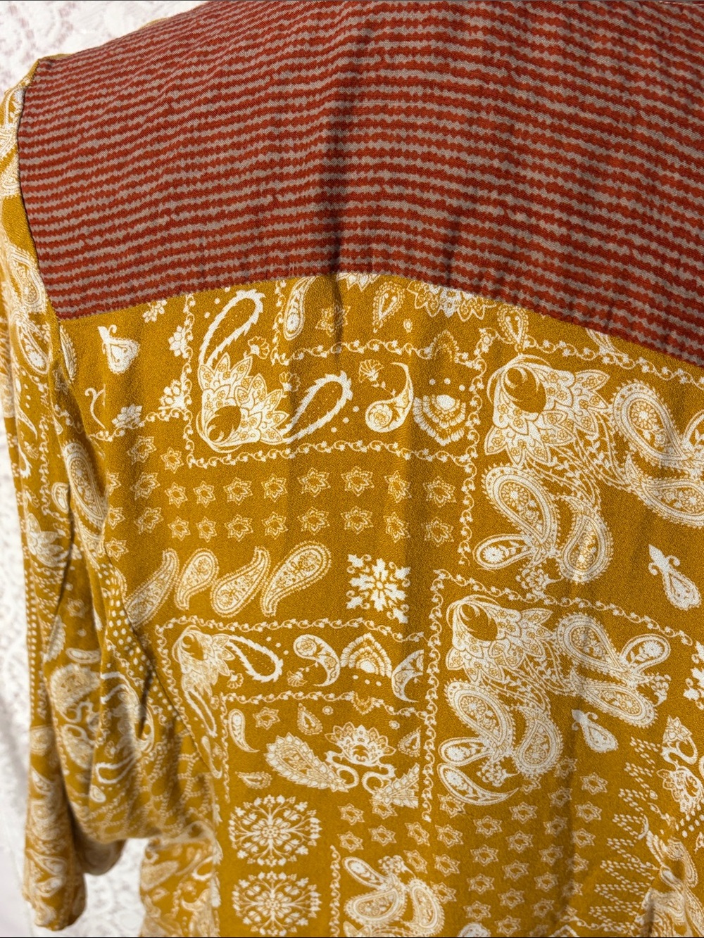Mystree Mustard Paisley Open Front Cardigan with Rust Trim - Picture 5 of 8